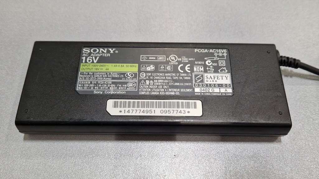 Sony PCGA-AC16V6 AC Adapter 16V 4.0A Used Working Without Power Cord