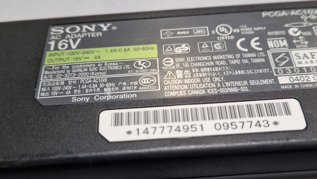 Sony PCGA-AC16V6 AC Adapter 16V 4.0A Used Working Without Power Cord