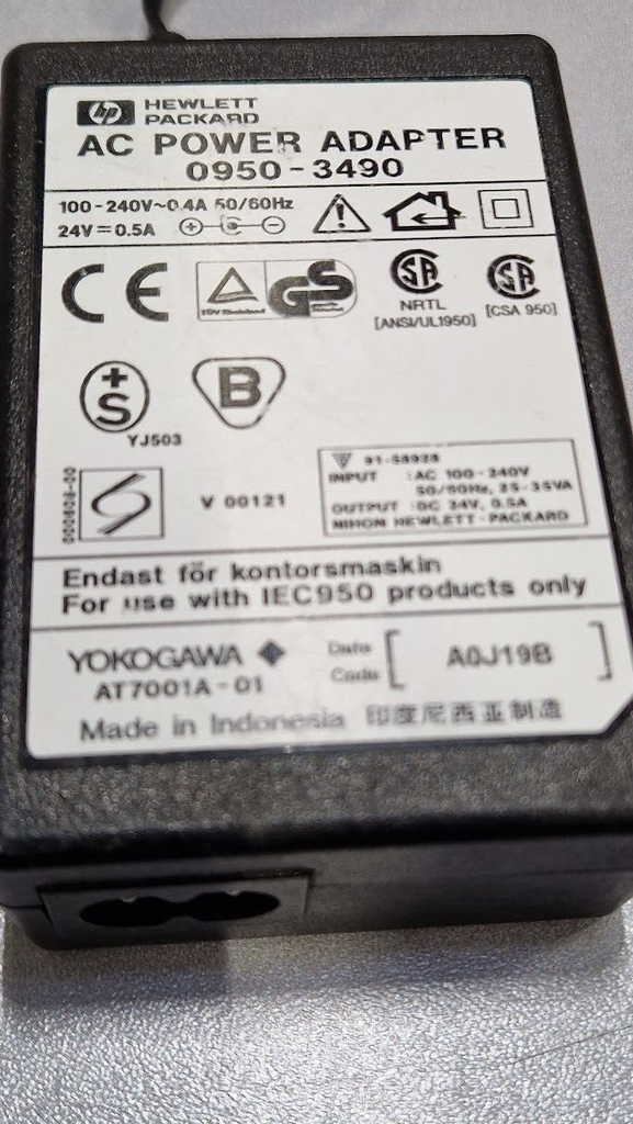 HP 0950-3490 AC Power Adapter 24V 0.5A Used Working Without Power Cord