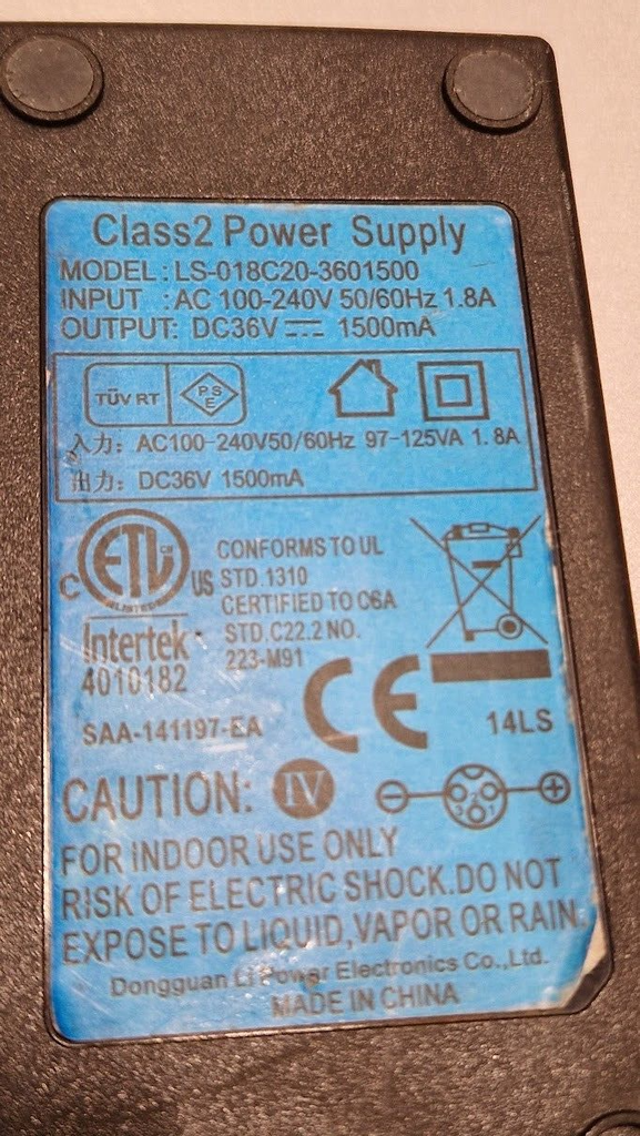 LS-018C20-3601500 Power Supply Adapter 36V 1.5A Used Working Without Power Cord