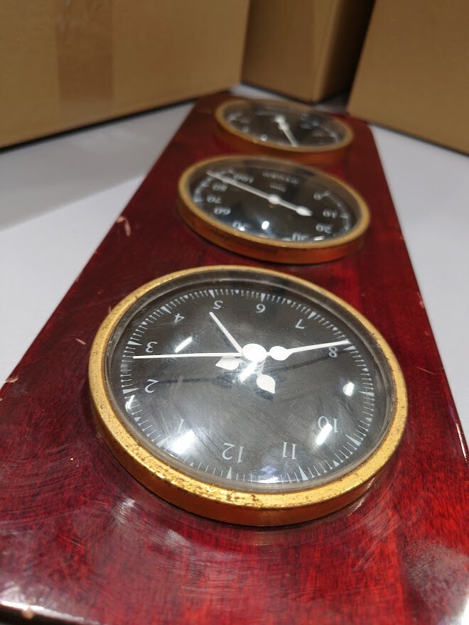 Vintage Wooden Weather Station Clock Hygrometer Thermometer Used