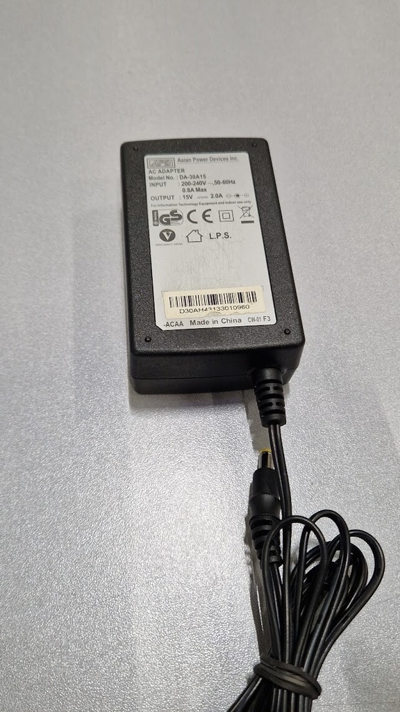APD DA-30A15 AC Adapter 15V 2.0A Used Working Without Power Cord
