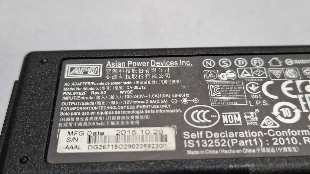 APD DA-30E12 AC Adapter 12V 2.5A Used Working Without Power Cord