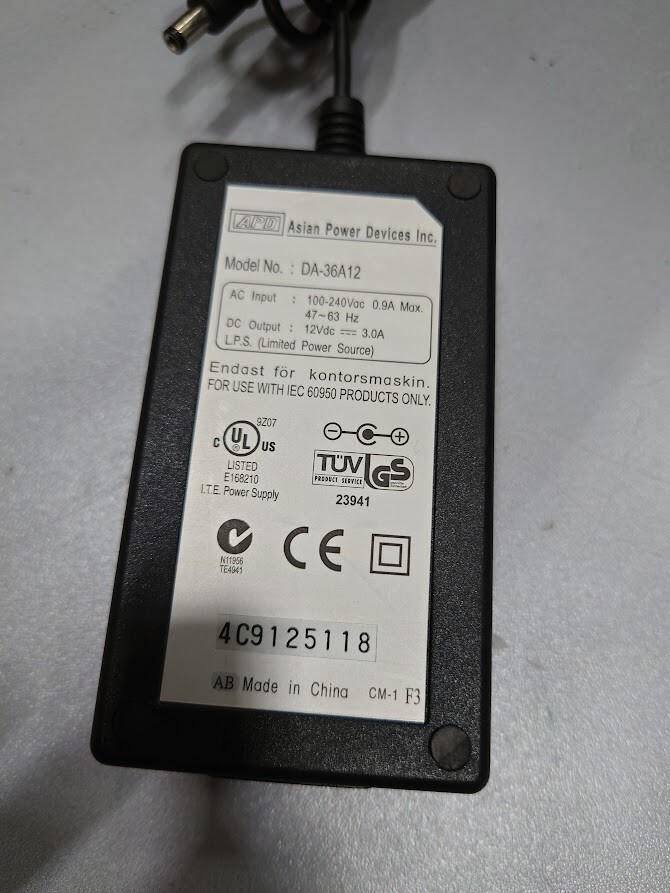 APD DA-36A12 AC Adapter 12V 3.0A Used Working Without Power Cord