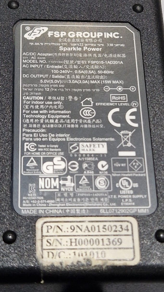 FSP FSP015-1AD201A AC/DC Adapter 5.0V 3.0A Used Working Without Power Cord