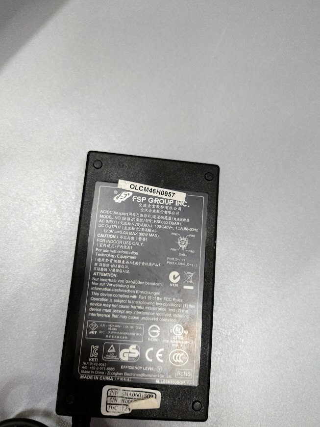 FSP FSP060-DBAB1 AC/DC Adapter 12.0V 5.0A Used Working Without Power Cord