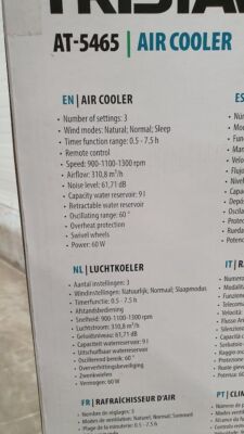 Climatiseur évaporatif portable Tristar AT-5465 60W 9L blanc neuf