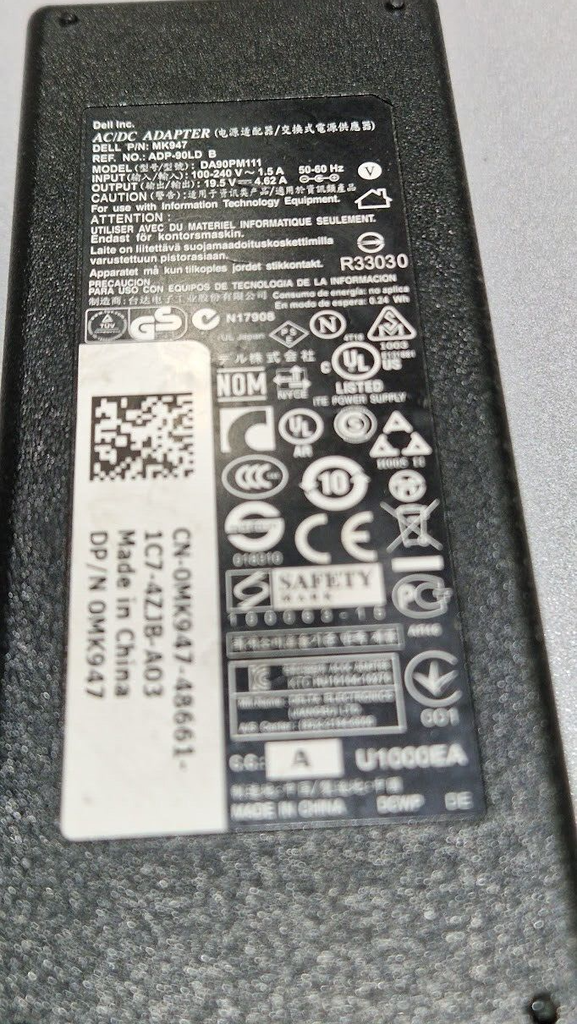 Dell DA90PM111 AC/DC Adapter 19.5V 4.62A Used Working Without Power Cord